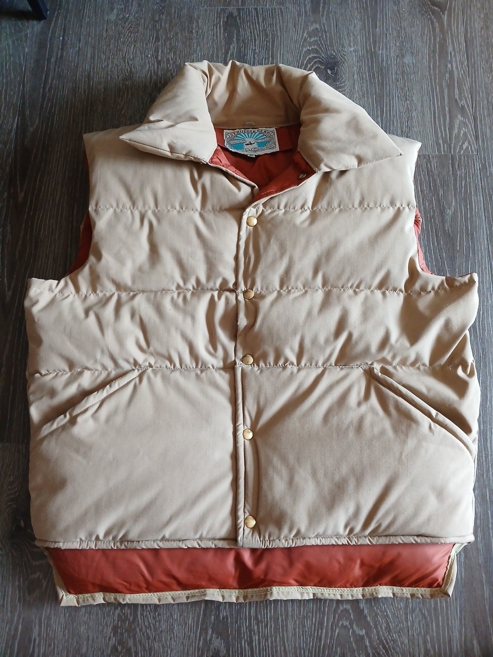Vintage William Barry Beige Men’s Puffer Vest with Rust Lining Down Filled